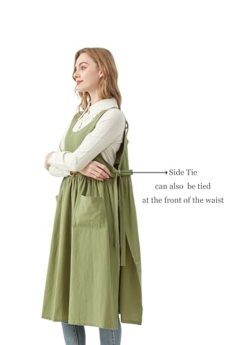 Cotton Apron Women Split Plus Size Bib with Pockets for Cooking (Green)