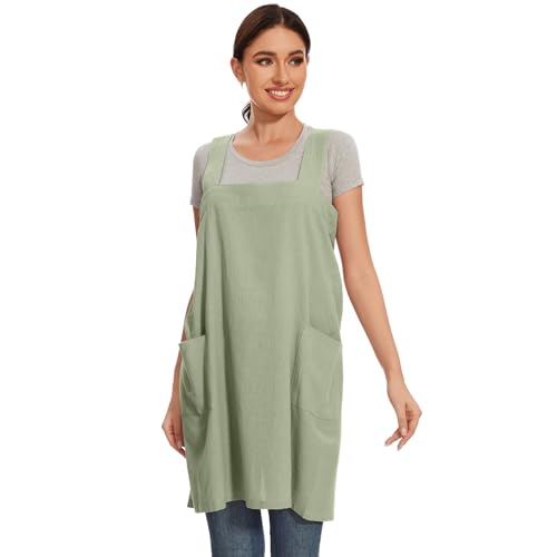 Women Apron with 2 Pockets Cotton Linen Kitchen Baking Cooking Chef Cross Back Pinafore Dress for Work Restaurant Gardening (Small / Light Green)