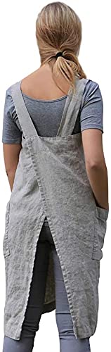 Cotton Linen Apron Cross Back Apron for Women with Pockets Pinafore Dress for Baking Cooking (Orange / Large)