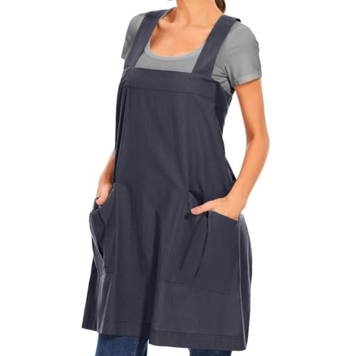 Women Cotton Cross Back Apron Casual Pinafore Dress with Big Pockets Loose Square Apron for Baking Cooking Gardening (Dark Grey / X-Large)