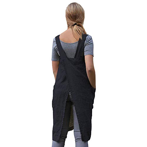 Women's Cross Back Pinafore Apron with Large Pockets Home Kitchen (Large / Black)