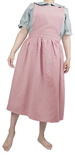 Women Girls Vintage Apron Adjustable Gardening Works Cross Back Cotton (Lightpink / Large)