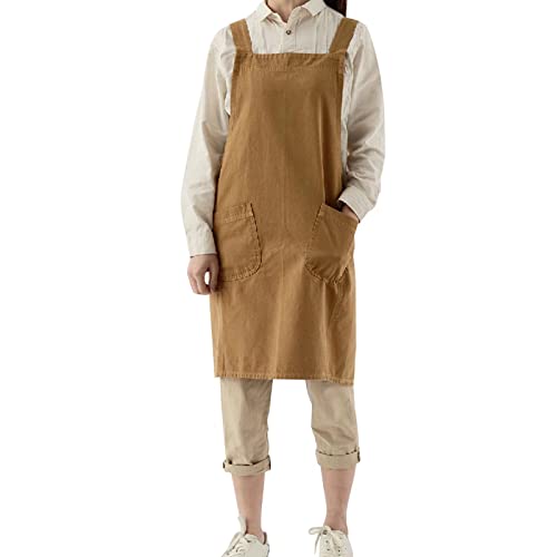 Cotton Linen Cross Back Apron with Pockets for Women without Waist Tie for Gardening Painting Cleaning Cooking (Yellow-02)