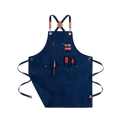 Chef Aprons for Men Canvas Apron with Large Pockets and Adjustable Neck Strap for Cooking (Blue)