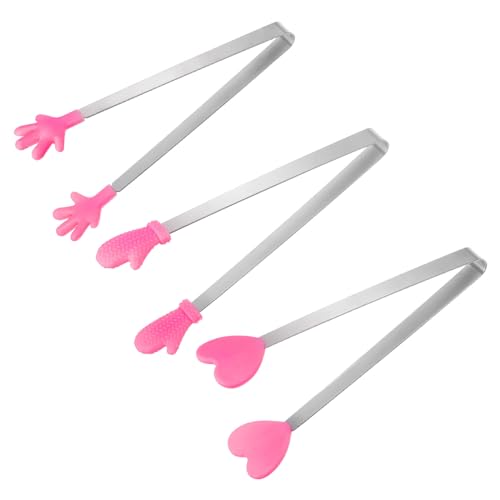 Mini Food Tongs 5.5" Pattern Shape Stainless Steel with Silicon Tips Small Cooking Tongs Kitchen Food Tongs Serving Tongs for Cooking Grilling BBQ Barbecue Kitchen (RoseRed)