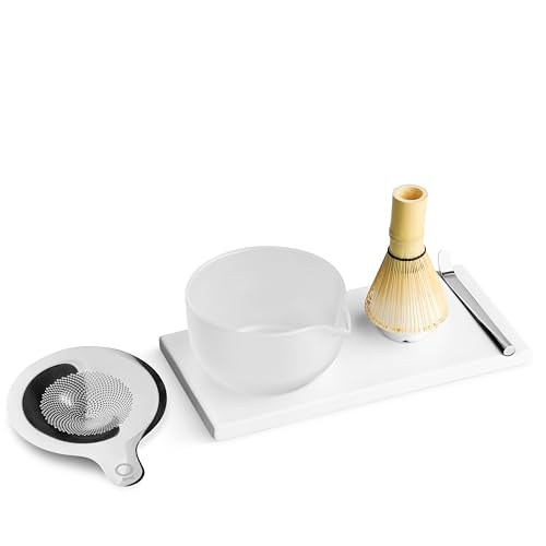 Matcha Set, 6-Piece Ceramic Matcha Bowl Kit with Display Tray (Matte White)