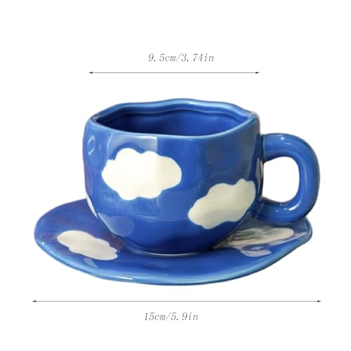 Sky and White Clouds Coffee Mug with Saucer (Dark Blue)