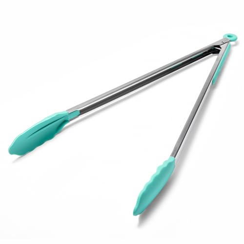 Kitchen Tongs with Silicone Tips for Cooking Serving (16in / Aqua Sky)