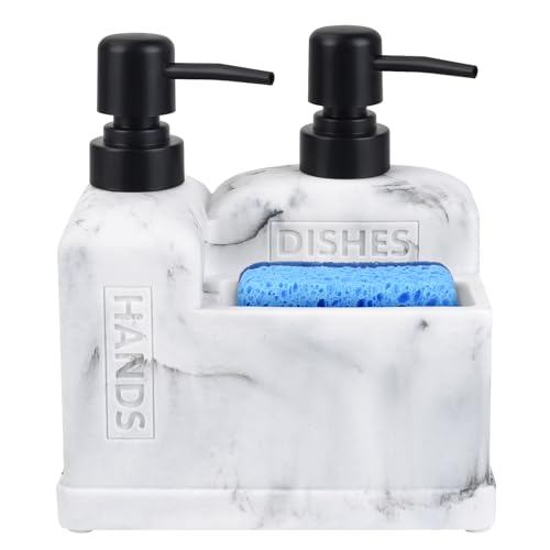 Kitchen Hand Soap and Dish Soap Dispenser Set (3 in 1 - White Marble Look)