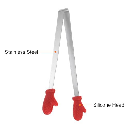 Mini Food Tongs 5.5" Gloves Shape Stainless Steel with Silicon Tips Small Cooking Tongs Kitchen Food Tongs Serving Tongs for Cooking Grilling BBQ Barbecue Kitchen (Red)