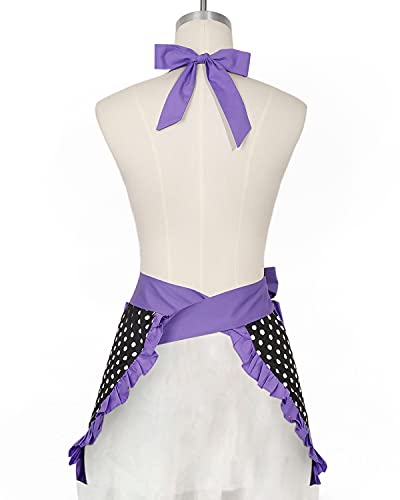 Vintage Apron for Women Purple Apron with Pockets Retro Apron Cute Apron Kitchen Apron for Cooking Baking Flirty Dress Cotton Frilly Ruffle 50s Ladies Valentine Retro Gifts for Women (Purple)