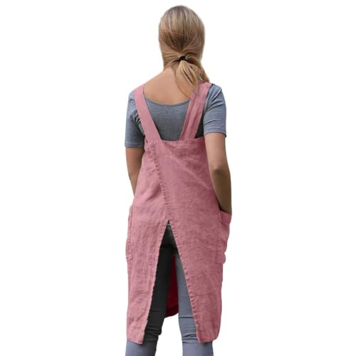 Women's Pinafore Square Apron Baking Cooking Gardening Works Cross Back Cotton (Small / Red Bean Pink)