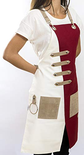 Apron for Women and Men Waterproof Canvas Extra Pocket for Chef Barista Gardening BBQ Grilling Crossback Unisex (Red White)