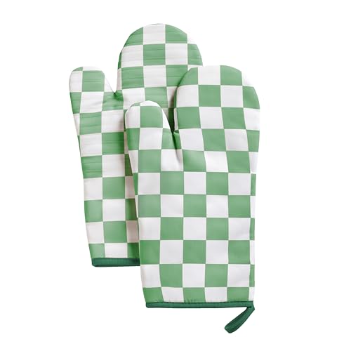 Green Checkered Oven Mitts Heat Resistant (Green)