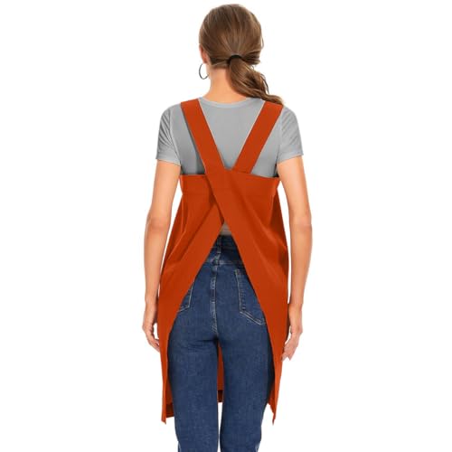Women's Cotton Cross Back Apron Pinafore Dress with Big Pockets Loose Square Apron for Baking Cooking Gardening (Orange / Small)