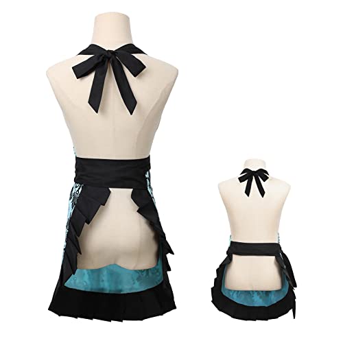 Vintage Ruffle Floral Aprons with Pockets for 2 Pockets for Mama and Me (Blue-mama and Me Set)