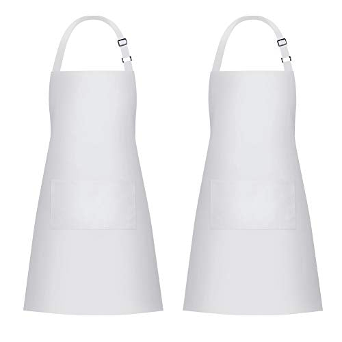 2 Pack Bib Aprons with 2 Pockets Cooking Chef Kitchen Apron for Women Men (White)