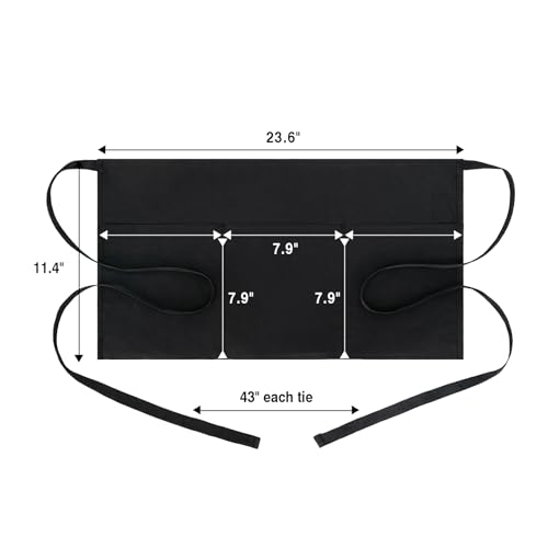 3 Pockets Waitress Apron 12 Pack Cotton Server Apron Black Half Aprons for Men & Women Waterproof and Oil Proof (E-12 Pack Black)