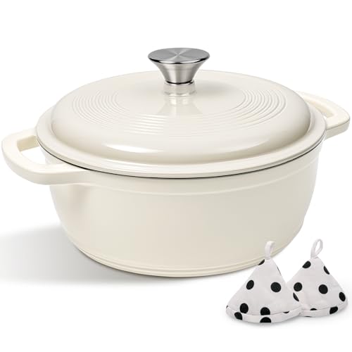 Enameled Cast Iron Dutch Oven Pot With Lid (Cream White)