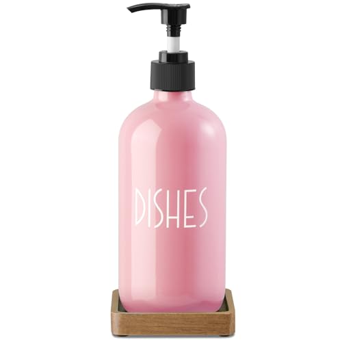 Pink Glass Dish Soap Dispenser with Acacia Wood Tray (Pink-dish)