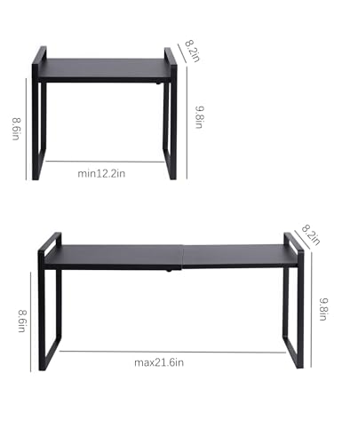 2 Pack Expandable Cabinet Shelf Organizer Riser for Kitchen Pantry Cupboard Under Sink Countertop (8.2''D * 12.2-21.6''W * 10.4''H(2 Pack) / Black)