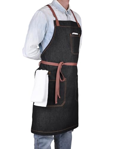 Mens Womens Cooking Apron with Cross Back Straps (Black Denim With Cross Back Straps)