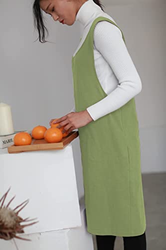 Cotton Linen Apron Halter CrossBack Bandage Aprons Japanese Style X Shape Pocket (Shallow Grass Green)