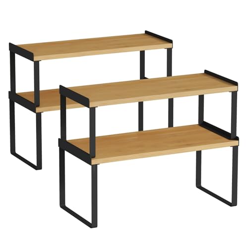 Kitchen Cabinet Shelf Organizer Set of 4 (Large / Black-bamboo)
