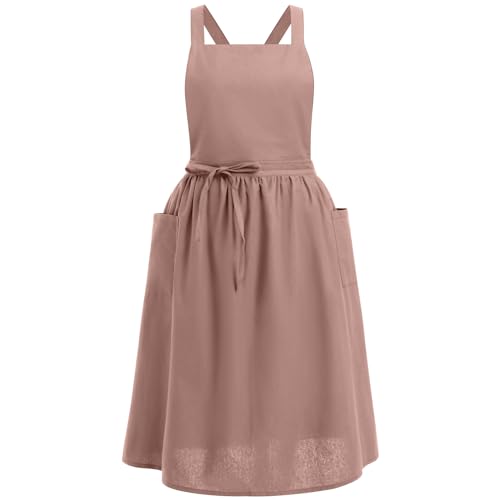 Apron Cute Dress for Women Frill Cross Back Cotton Linen Japanese Apron With Pockets Maid Pinafore Apron Housewife Garden Cooking Baking Pottery Pinafore Apron Dusty Pink Adult One Size (Dusty Pink Adult / One Size)