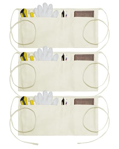3 Pack Canvas Work Waist Tool Apron with Three Pockets (3 Pack Beige Unisex Adult Apron)