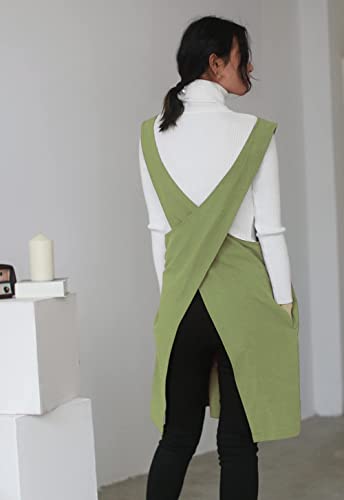 Cotton Linen Apron Halter CrossBack Bandage Aprons Japanese Style X Shape Pocket (Shallow Grass Green)