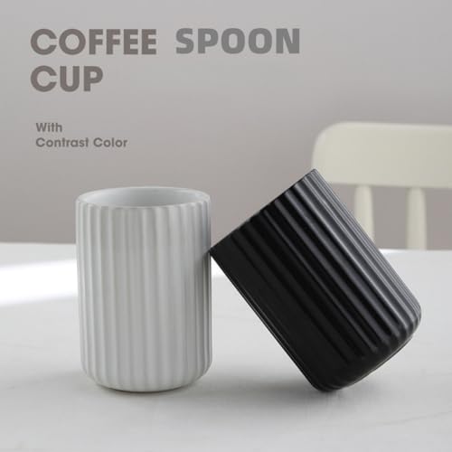 Stoneware Coffee Bar Utensil Holder Tea & Coffee Spoon & Stirrer Holder for Stir Stick Straw Teaspoon Holder Espresso Spoon Cup Small Utensil Jar Fluted Vertical Stripe (Matte Black)