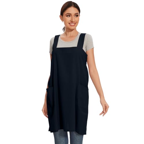 Women Apron with 2 Pockets Cotton Linen Kitchen Baking Cooking Chef Cross Back Pinafore Dress for Work Restaurant Gardening (X-Large / Tibetan Blue)
