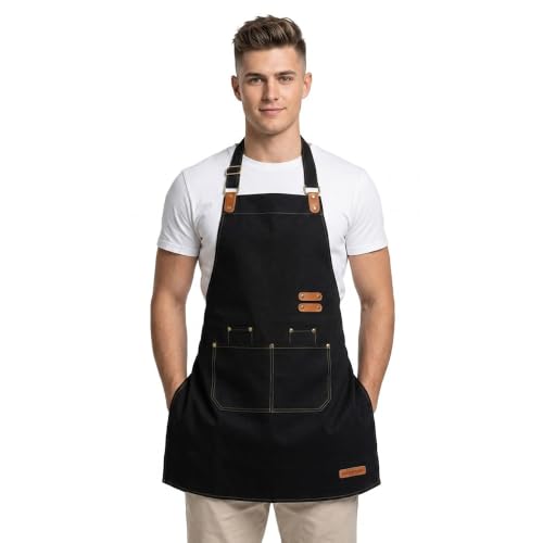 Chef Apron for Men Women with Pockets Adjustable Neck Strap (Black)