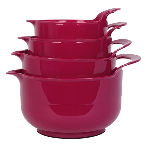 4 Pack Nesting Mixing Bowl Set with Pour Spout and Handle (Deep Carmine)