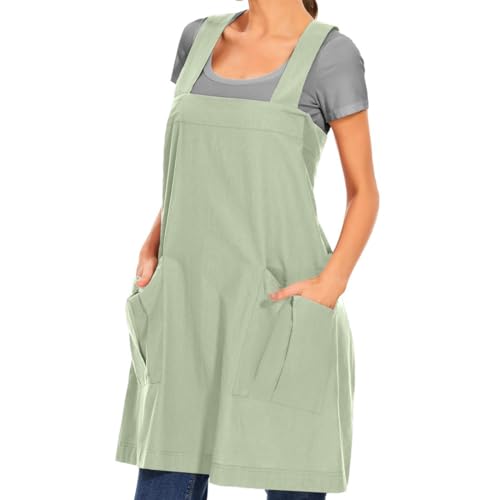 Women's Cotton Cross Back Apron Pinafore Dress with Big Pockets Loose Square Apron for Baking Cooking Gardening (Mint Green / X-Large)