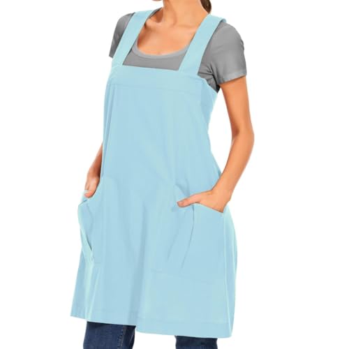 Women's Cotton Cross Back Apron Pinafore Dress with Big Pockets Loose Square Apron for Baking Cooking Gardening (Light Blue / Small)