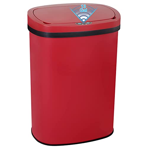 13 Gallon 50L Touch Free Automatic Stainless Steel Trash Can Garbage Can Metal Trash Bin with Lid for Kitchen Living Room Office Bathroom (Red)