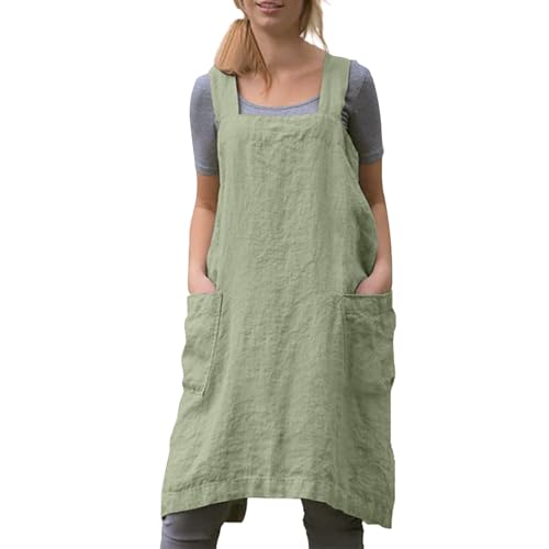 Women Apron with 2 Pockets Cotton Linen Kitchen Baking Cooking Chef Cross Back Pinafore Dress for Work Restaurant Gardening (Small / Light Green)