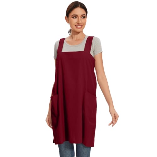 Women Apron with 2 Pockets Cotton Linen Kitchen Baking Cooking Chef Cross Back Pinafore Dress for Work Restaurant Gardening (X-Large / Wine Red)