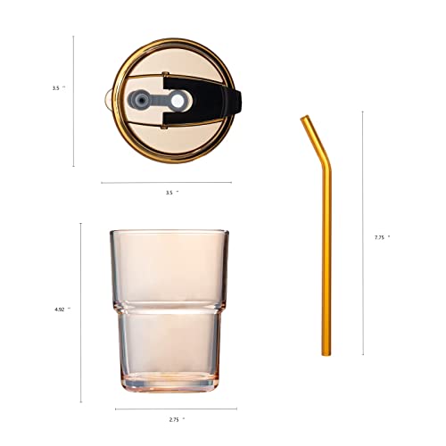 13oz 400ml Glass Tumbler Water Cup with Straw and Lid (Amber-2Pack)