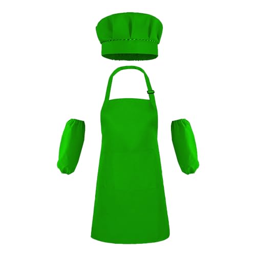 Kids Apron Set Chef Hat Sleeve Outfit Costume Toddler Girl Boy Aprons Cooking Baking Painting 5 (Apron Hat Sleeve Set / Green)