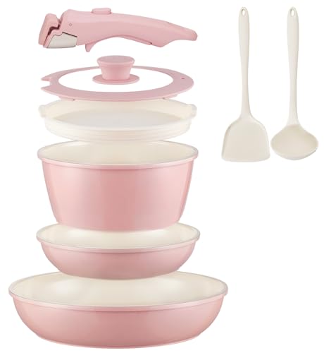 Ceramic Cookware Set Non Stick 8Pcs Pots and Pans Set Removable Handle Induction Kitchen Cookware Set with Frying Pans Oven Safe (Light Pink)