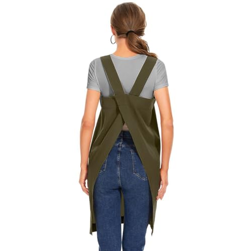 Women Cotton Cross Back Apron Casual Pinafore Dress with Big Pockets Loose Square Apron for Baking Cooking Gardening (Army Green / Medium)