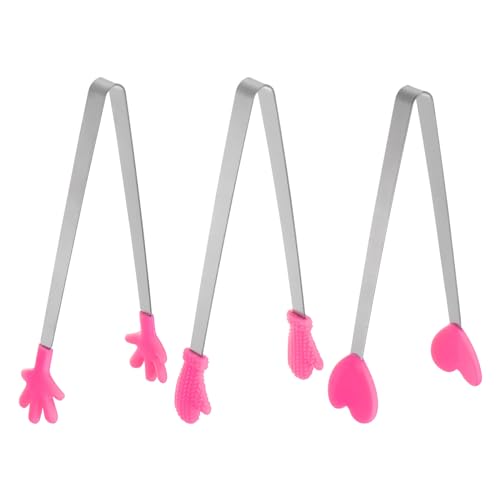 Mini Food Tongs 5.5" Pattern Shape Stainless Steel with Silicon Tips Small Cooking Tongs Kitchen Food Tongs Serving Tongs for Cooking Grilling BBQ Barbecue Kitchen (RoseRed)