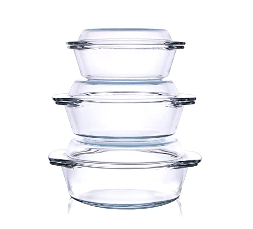 Set of 6 Pieces Round Tempered Glass Casserole Dish with Lids (0.7QT+1QT+1.5QT)
