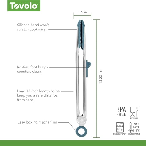Tongs With Silicone Tips Easy Grip 13" Long Kitchen Tongs Stainless Steel Handle For Cooking (Blue Slate)