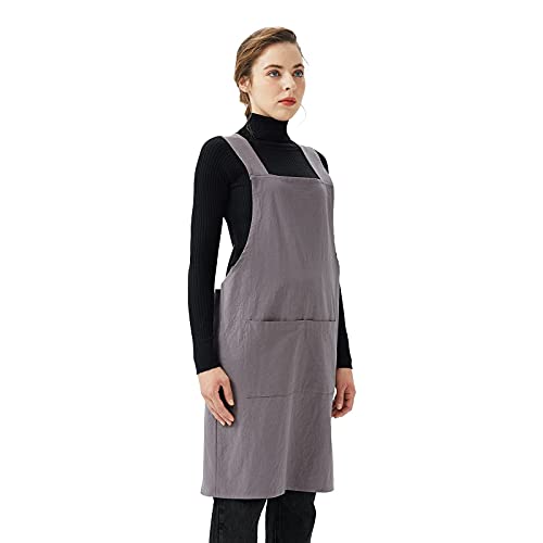 Cotton Linen Cross Back Aprons Solid Color Unisex Pinafore Vintage Apron Japanese Style with 2 Pockets for Kitchen Cooking Baking Painting Gardening Cleaning for Women Men (Grey)