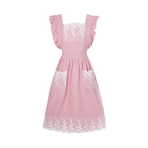 Vintage Aprons for Woman with Pockets Cute Lace Ruffle Adjustable Apron for Cooking Kitchen Baking Gardening (Pink)