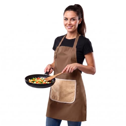 Kitchen Apron for Women Men with Pocket & Hand Towel (Brown)
